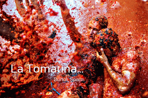 The World's Biggest Tomato Fight At Tomatina Festival...BUNOL, SPAIN - AUGUST 26:  Revellers enjoy the atmosphere in tomato pulp while participating the annual Tomatina festival on August 26, 2015 in Bunol, Spain. An estimated 22,000 people threw 150 tons of ripe tomatoes in the world's biggest tomato fight held annually in this Spanish Mediterranean town.  (Photo by David Ramos/Getty Images)